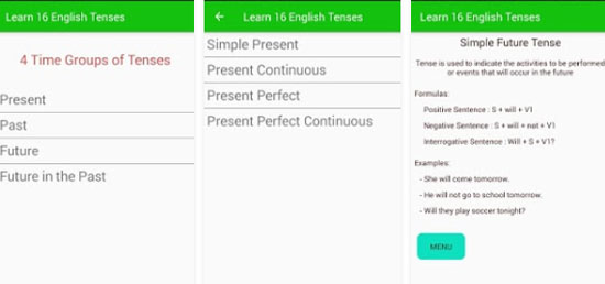 Learn 16 English Tenses 1 دانلود Learn 16 English Tenses v1.0.5 برنامه آموزش زبان برای اندروید